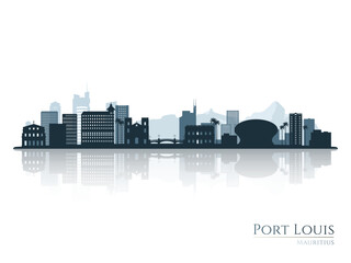 Port Louis skyline silhouette with reflection. Landscape Port Louis, Mauritius. Vector illustration.