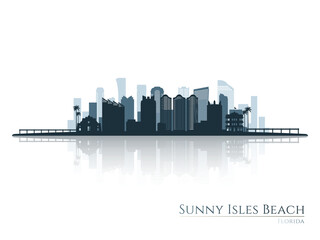 Sunny Isles Beach skyline silhouette with reflection. Landscape Sunny Isles Beach, Florida. Vector illustration.