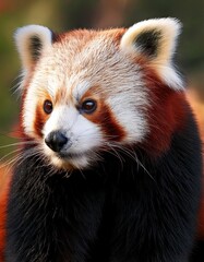 Fototapeta premium A rare, endangered red panda, a furry mammal with a cat-like face, enjoys a bamboo feast in the wild, a sight often seen in the zoos of Asia, especially China