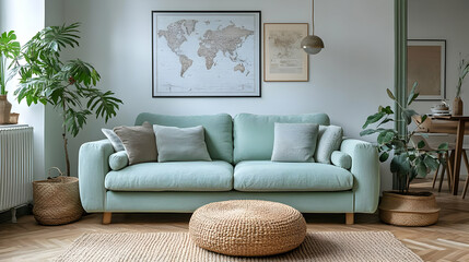 Obraz premium Cozy Living Room Design with Green Sofa, World Map, and Plants