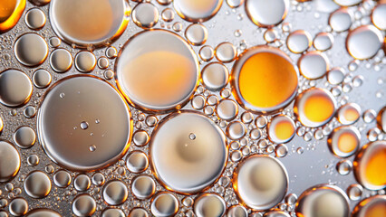oil droplets in water with orange and yellow reflections creating circular patterns