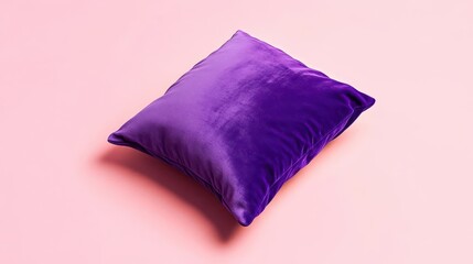 A purple velvet cushion on a light pink background