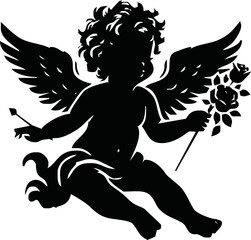 Angel with a wings. Cherub silhouette. Valentine's day. Love symbol. Vector illustration.