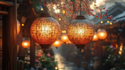 Fototapeta premium Decorative lanterns hanging from wooden beams, casting a soft glow over a festive marketplace, very realistic