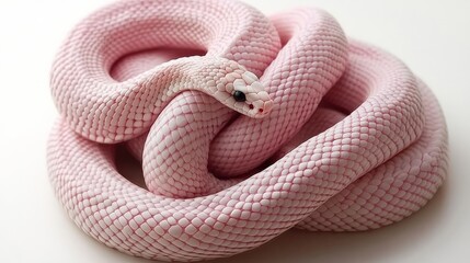 Rare albino corn snake coiled up, its pale, pinkish scales standing out on a white background.