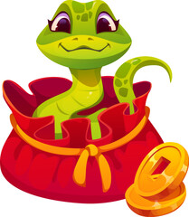 Cute green cartoon snake character sits inside a red bag adorned with a golden ribbon and gold coins outside. Festive reptile animal symbolizing wealth and prosperity for the 2025 Chinese Lunar Year