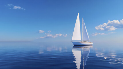minimalist sailboat glides gracefully across calm, reflective sea under clear blue sky. serene atmosphere evokes sense of tranquility and freedom