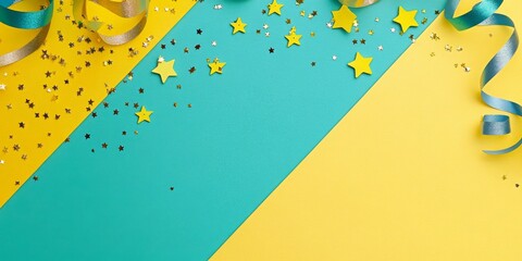 Decorative flat lay featuring streamers and stars, arranged diagonally with empty space in the bottom right corner