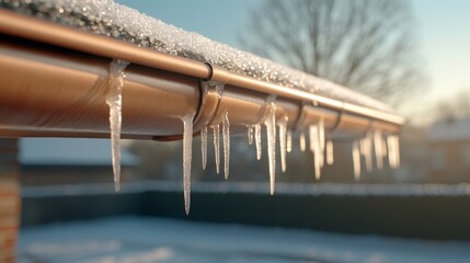 Close-up of a fine layer of frost forming on a copper gutter in winter, with tiny icicles hanging off the edges, very realistic