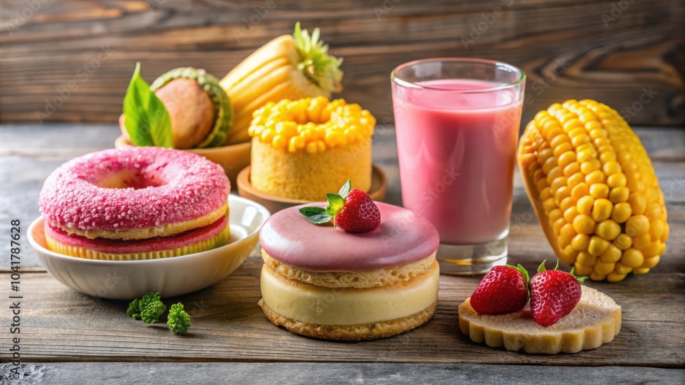Poster A delightful array of colorful pastries and a glass of pink beverage on a rustic wooden table.