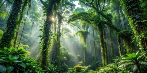 Naklejka premium Aerial view of rainforest canopy with tall trees covered in vines and plants