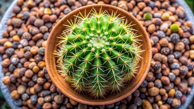 Aerial view of potted Notocacteae Parodia in the garden