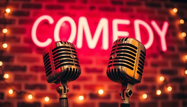 Microphone on Stage with Neon Comedy Sign in the Background