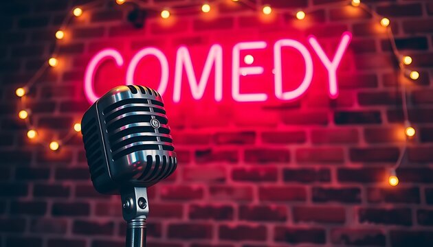 Microphone on Stage with Neon Comedy Sign in the Background