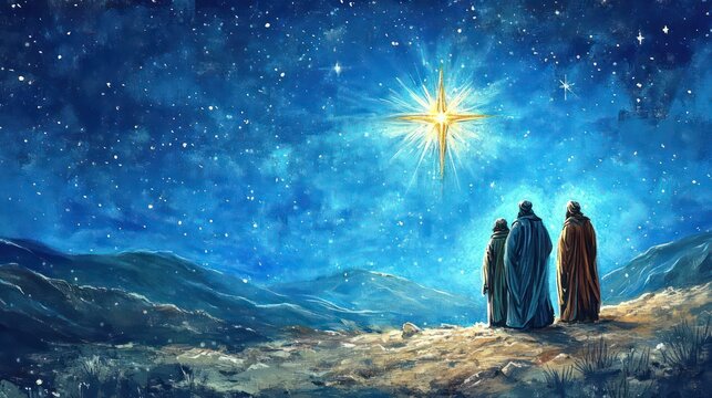 Christmas, three wise men watching star in the sky. Xmas nativity scene