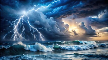 Fototapeta premium A dramatic shot of an ocean storm with towering waves and lightning illuminated in the sky, weather, ocean storm, coastal