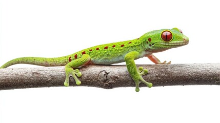 Obraz premium Rare day gecko with its bold green body and red spots perched on a branch, isolated on white.