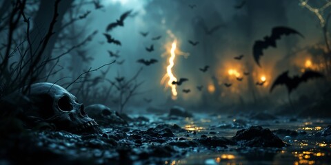 Fototapeta premium This spooky skull rests along a swampy river at twilight, with bats flying through a misty sky, perfect for Halloween projects.