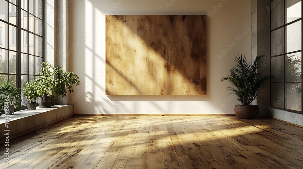 Poster capturing front view of a blank wall adorned with smooth wooden planks in an airy room the perfect b