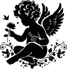 Angel with a wings. Cherub silhouette. Valentine's day. Love symbol. Vector illustration.