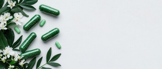 Exploring the benefits of green capsules natural supplements surrounded by fresh botanicals for health and wellness