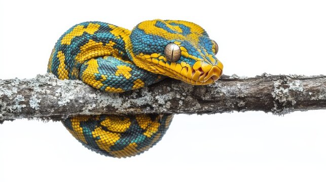 Rare green tree python curled on a branch, its vibrant scales standing out against the white background.