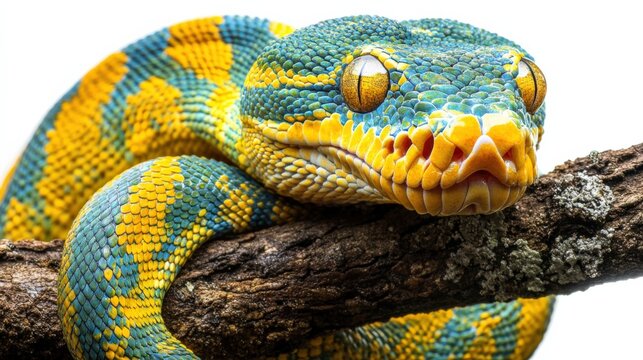 Rare green tree python curled on a branch, its vibrant scales standing out against the white background.