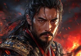 Warrior with a stern face and beard standing in a fiery background with a red and gold patterned armor  .