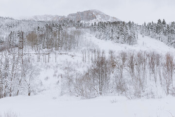 Serene winter mountain landscape with snow-covered peaks under a clear blue sky. Peaceful and majestic scene. Travel industry, outdoor adventure and tourism concept.