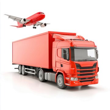 Red cargo truck and airplane on a white background, symbolizing logistics and transportation, a logistics optimization algorithm to minimize delivery times and transportation costs