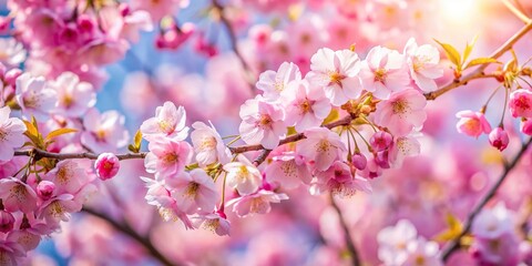 Naklejka premium A close-up of a blooming cherry blossom tree in the midst of spring, cherry blossom, outdoor scene, spring bloom