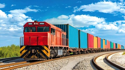 Obraz premium Red freight train transporting colorful containers along a curved railway track, Design a multi-modal transportation strategy to leverage rail