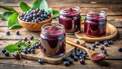 Homemade blueberry jam in glass jars with fresh blueberries and powder on a wooden table