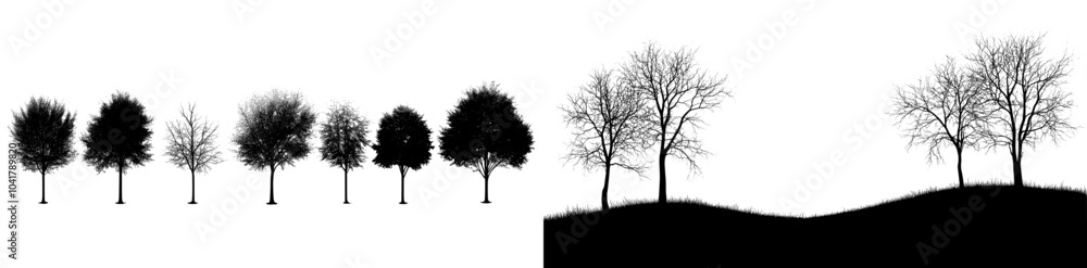Poster silhouette trees outline drawing set, side view. graphics trees outline symbol for architectural and