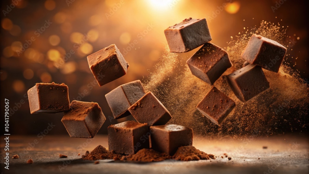 Aufkleber chocolate squares levitating in a cloud of cocoa powder, capturing the essence of pure indulgence.