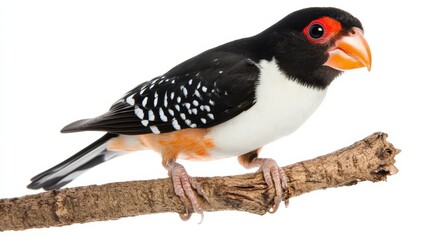 Fototapeta premium Striking black and white zebra finch perched on a branch, its vivid markings isolated on white.