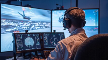 Pilot using advanced flight simulator with multiple screens for realistic training.
