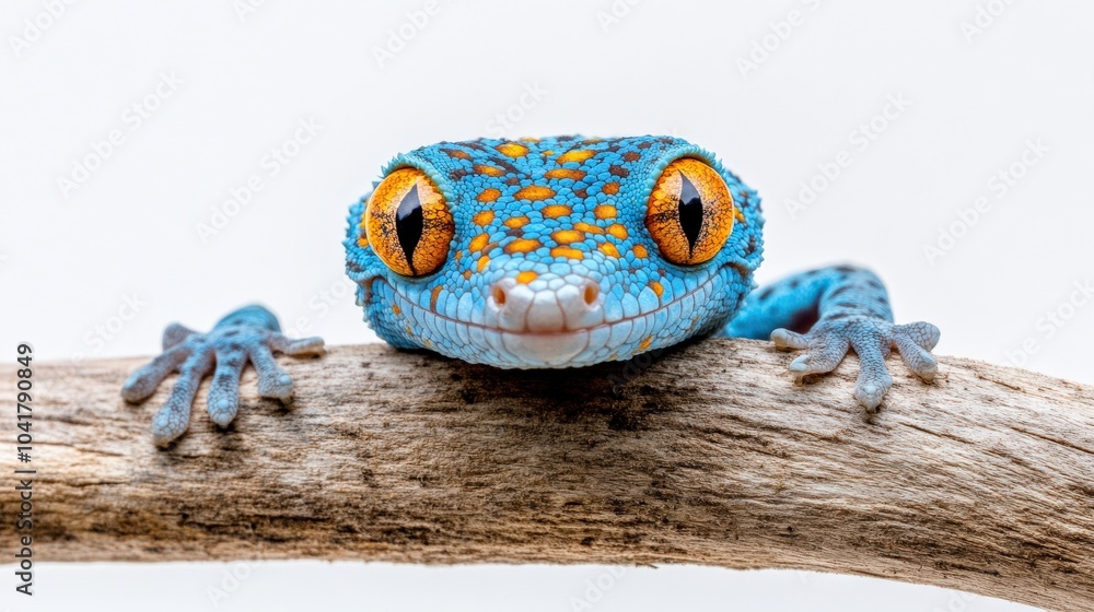 Poster tokay gecko with its blue and orange-spotted skin clinging to a branch, isolated on a white backgrou