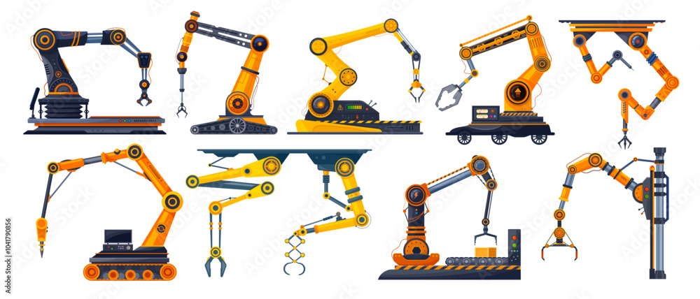 Aufkleber factory mechanic robot arms, hydraulic machine hands, vector automation tools of production and manu
