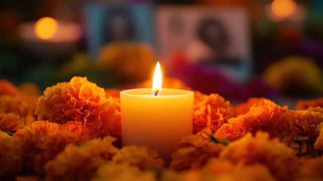 Close-up of a single candle burning softly on a Day of the Dead altar, with marigolds and ancestor photos in the background, soft warm light evoking peace and remembrance. Day of the Dead