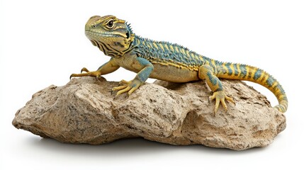 Obraz premium Uncommon collared lizard with bold stripes running down its body, perched on a rock against the white backdrop.