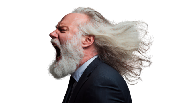 man with long white hair and beard passionately shouting, wearing suit, conveying strong emotions. His expression reflects intensity and power