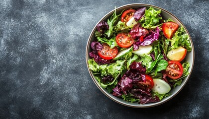 Fresh garden salad with tomatoes and greens served in a bowl on a dark surface