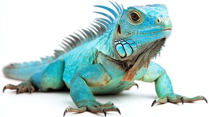 Obraz premium Uncommon Fijian iguana with its brilliant blue-green coloring, perched gracefully against a white background.