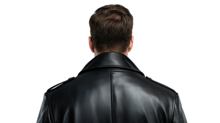 man in stylish black leather coat stands with his back to viewer, exuding sense of mystery and confidence. sleek texture of coat adds to overall allure