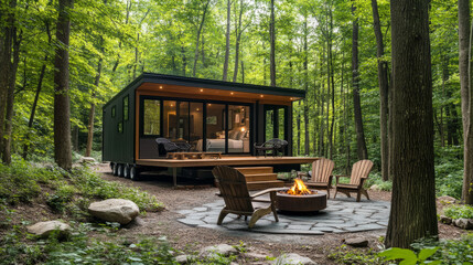 A cozy tiny home vacation rental surrounded by forest, featuring a simple yet stylish interior, with a fire pit outside and nature all around