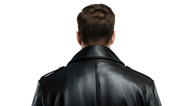man in stylish black leather coat stands with his back to viewer, exuding sense of mystery and confidence. sleek texture of coat adds to overall allure