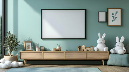Modern Playroom Decor with White Bunnies and Wooden Toys