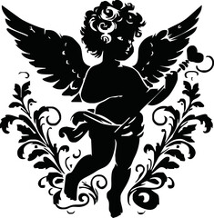 Angel with a wings. Cherub silhouette. Valentine's day. Love symbol. Vector illustration.