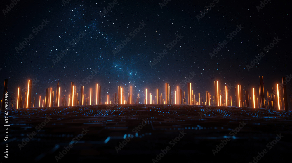 Poster futuristic glowing digital landscape with illuminated vertical structures against starry night sky, 